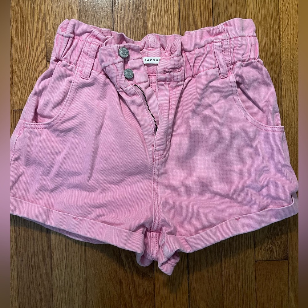 Pink denim high waisted shorts with scrunch band.
